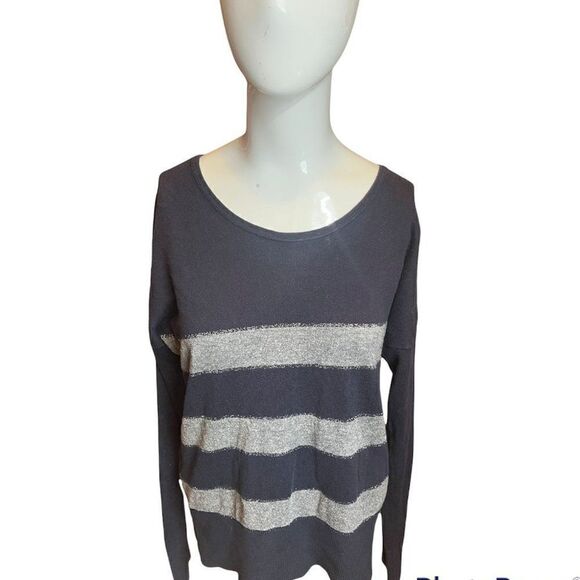 LOFT Sweater w Stripes Long Sleeves Sz M Round Neck Blue & Silver Zipper on Back - Picture 1 of 8